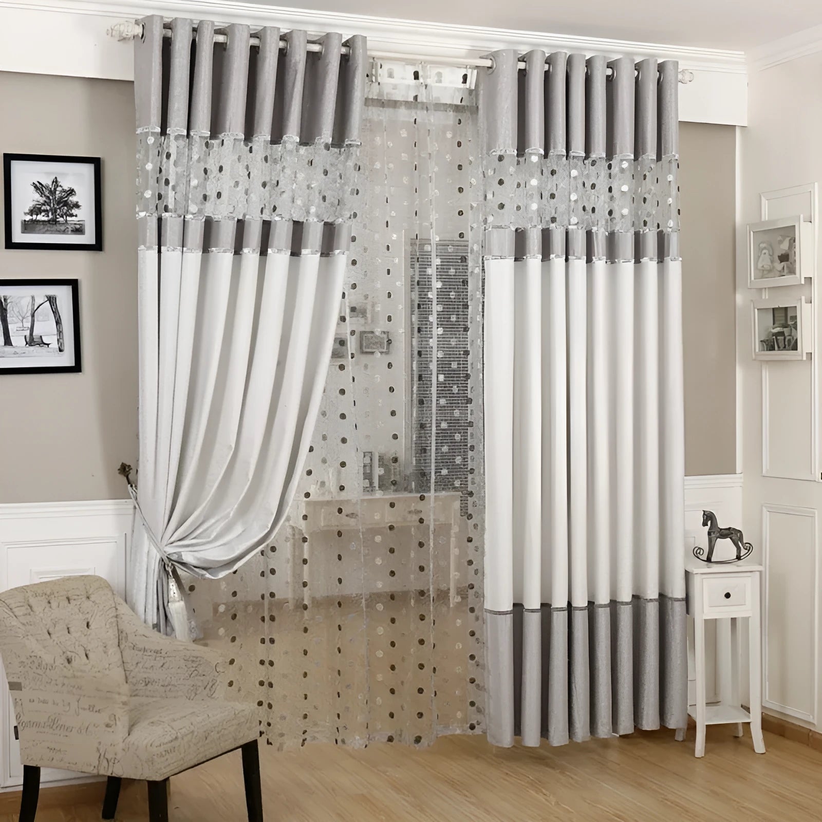 Simple blackout curtain panel shown hanging, with choice of hook, Korean hook or ring heading styles.