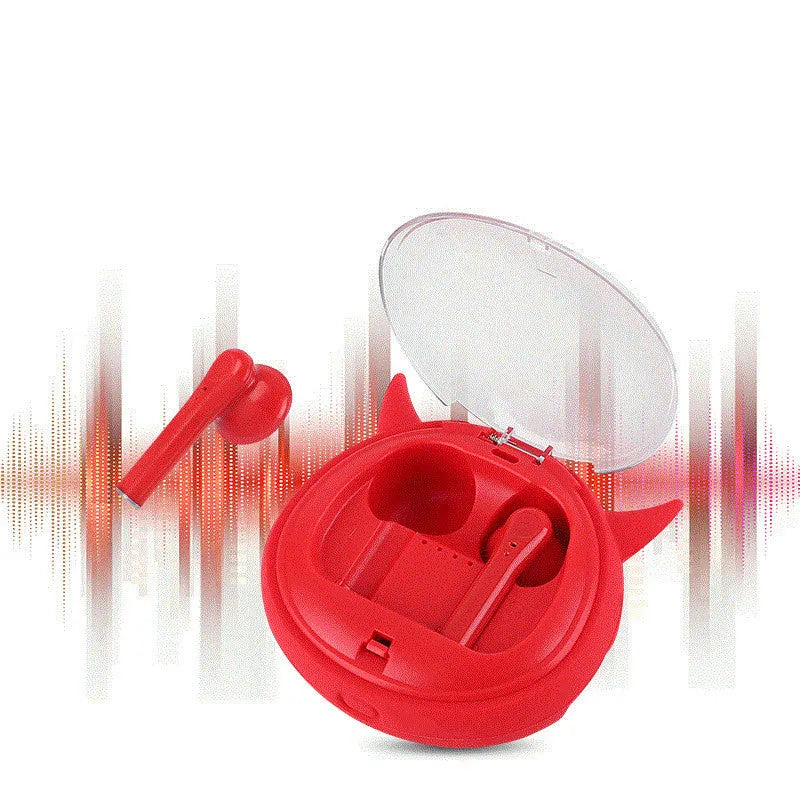 Red TWS wireless Bluetooth headset with in-ear design showing compact size