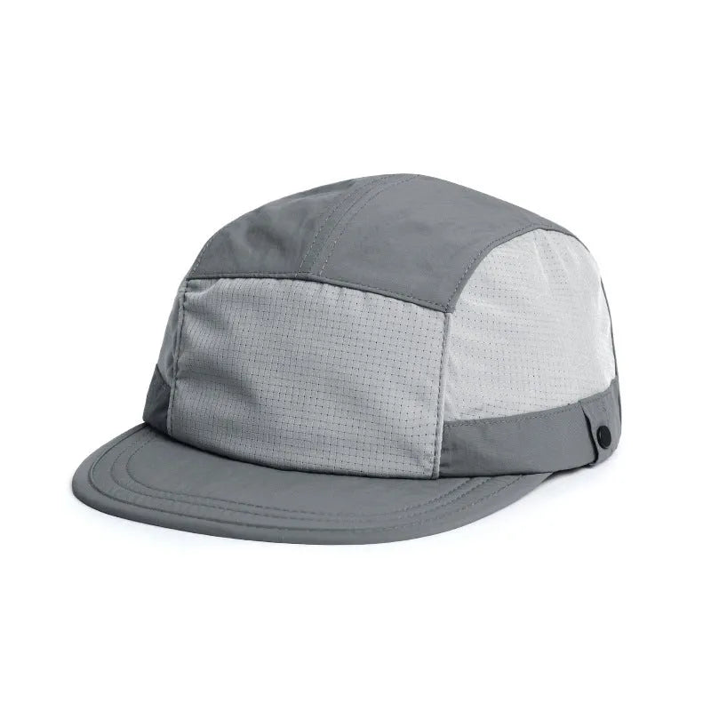 Khaki coloured dome crown summer cap made from breathable polyester fabric on a white background.