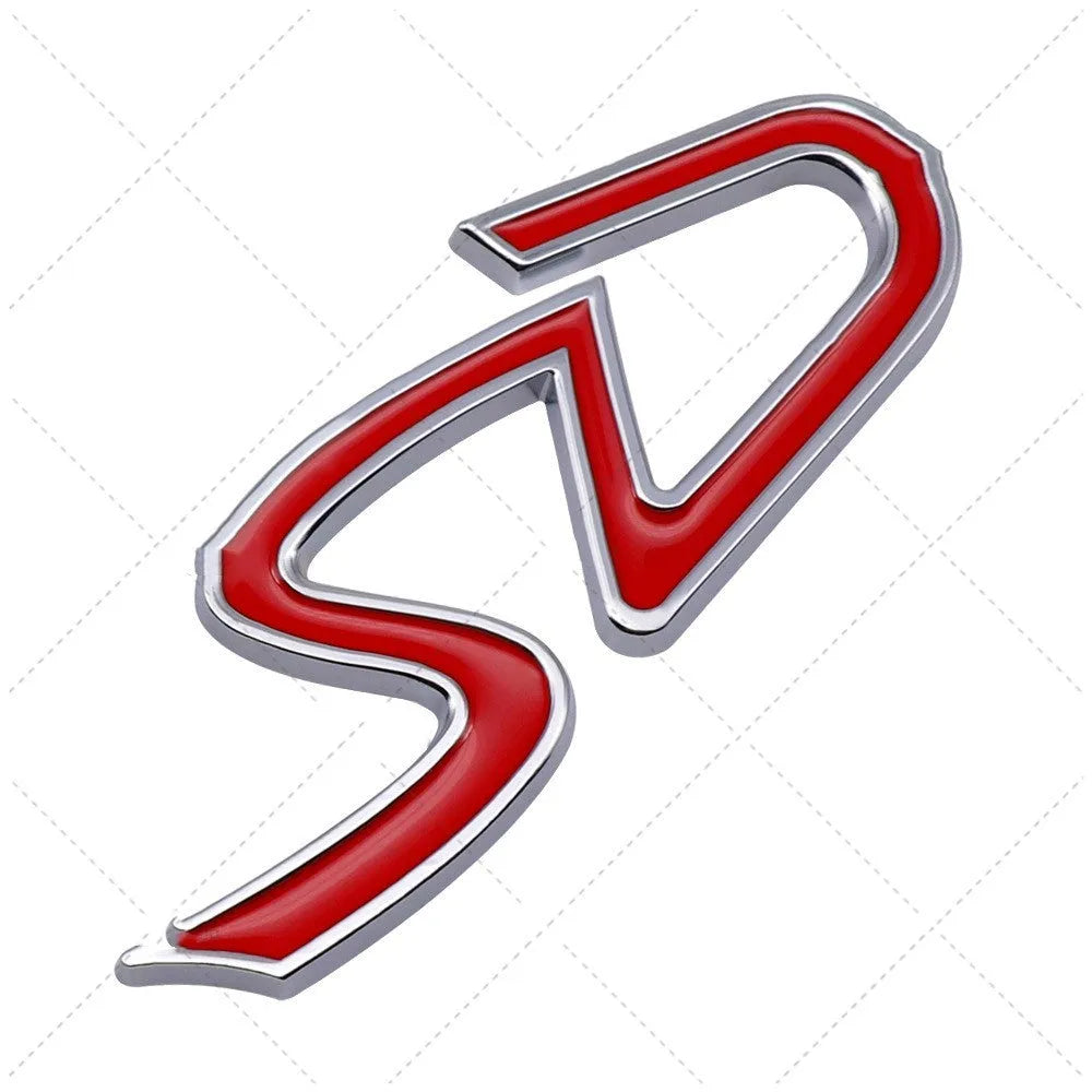 Metal car bumper stickers showing SD, D, and S patterns in red and black or red and silver colour combinations