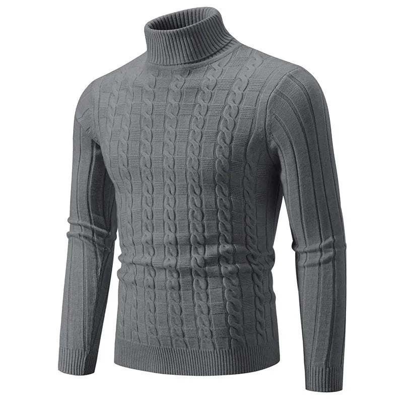 Man wearing a milky white slim fit chenille turtleneck pullover sweater.