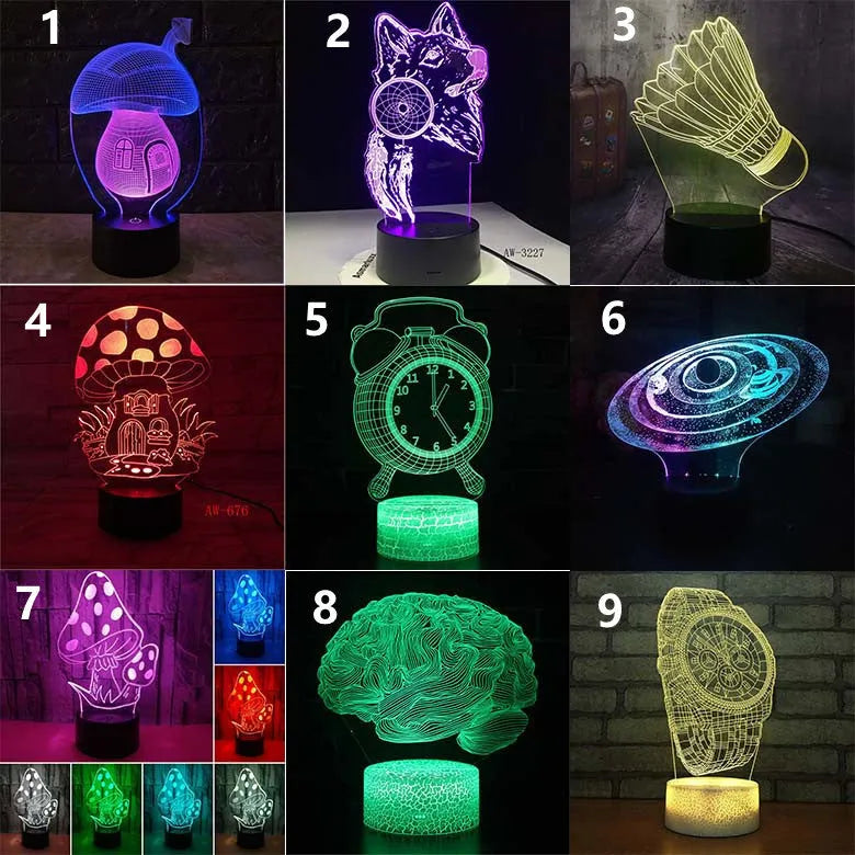 3D LED desk lamp with colourful acrylic design and remote control on wooden desk