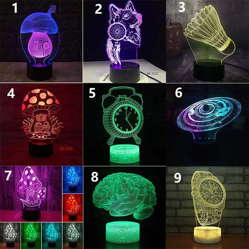 3D LED desk lamp with colourful acrylic design and remote control on wooden desk
