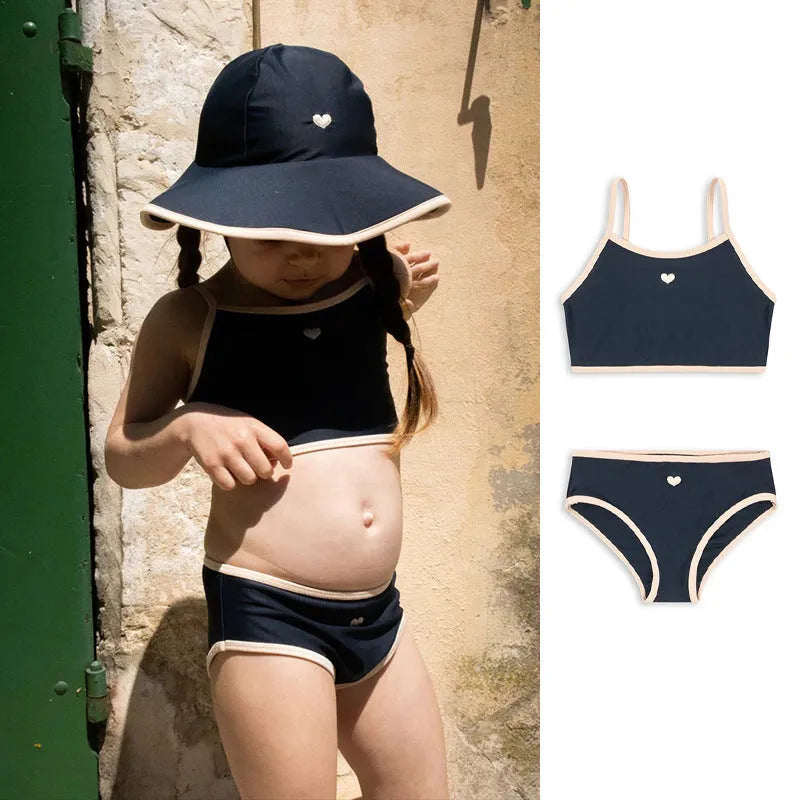 Dark blue baby split swimsuit one-piece for toddler girls, briefs style.