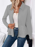 Women's loose-fit coat with beaded zipper and ruffled hem in dark red solid colour