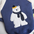 Dark blue fleece-lined winter dog coat shown on a small dog, highlighting the cotton material and thick style.