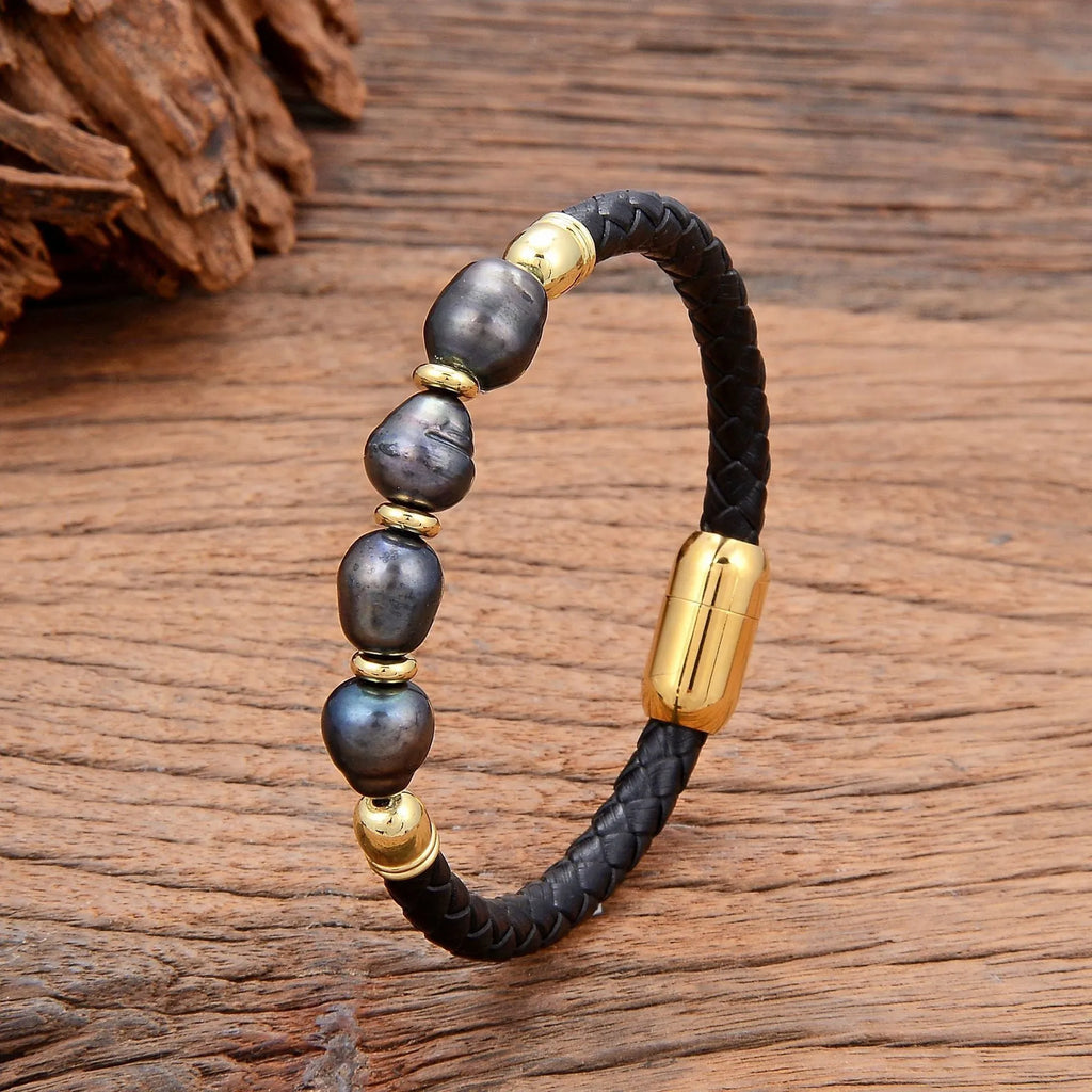 Unisex leather bracelet with irregular shaped pearls in Korean style design
