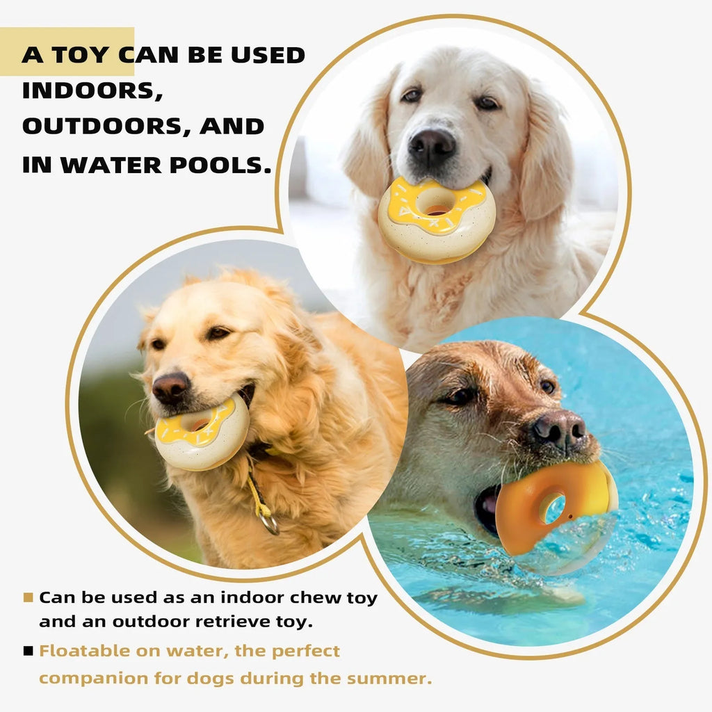 Chocolate, pink, and yellow donut-shaped dog chew toy with sound for dental cleaning.