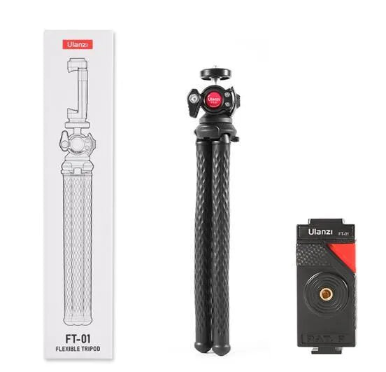 Black flexible octopus leg tripod with mobile phone clip attached, FT-01 model.