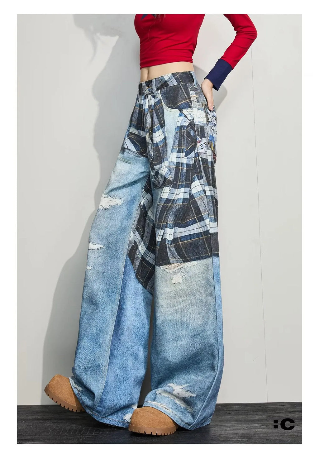 High street wide-leg loose casual pants in blue cotton, straight leg, mid-rise waist, front view