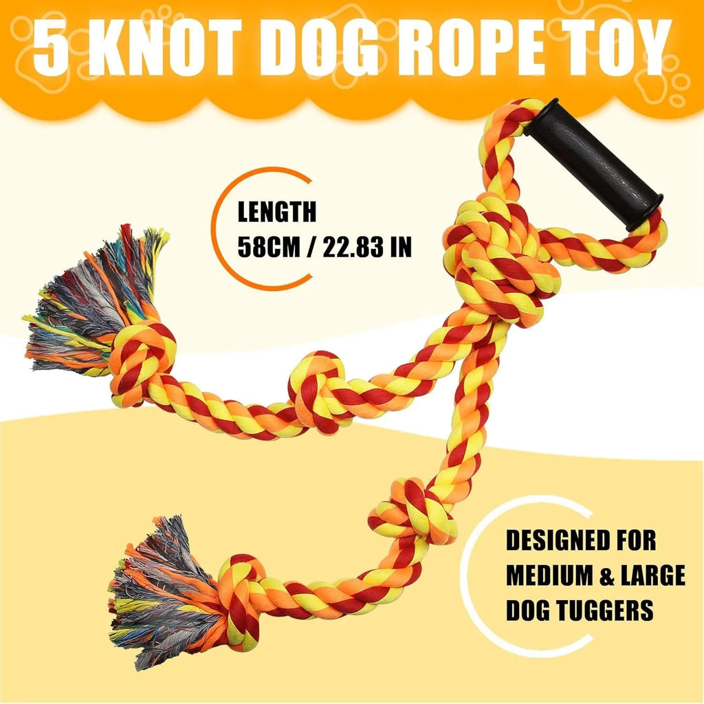 Blue and yellow cotton rope tug toy for large dogs with a non-slip handle.