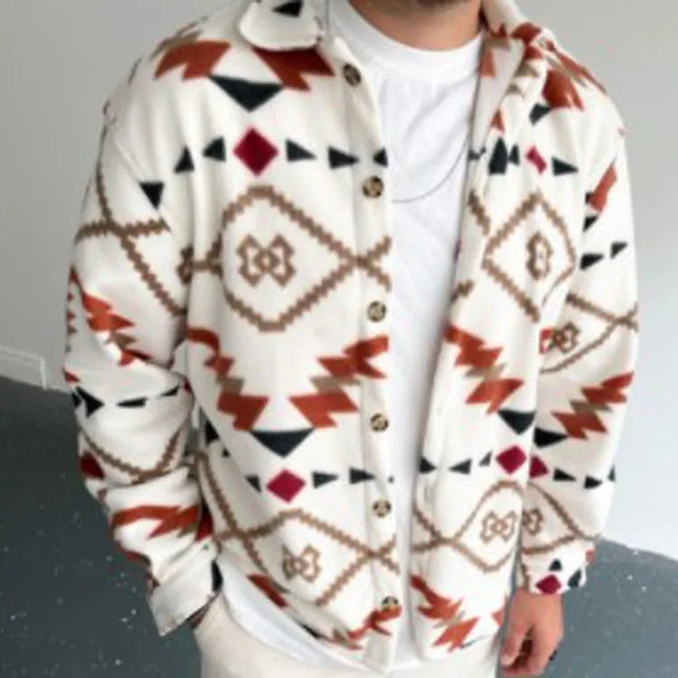 Men's white shirt jacket with retro ethnic print, lapel collar, and long sleeves on a model