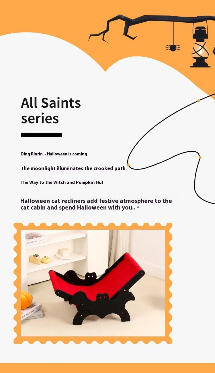 MW-054 wooden cat recliner bed with black and red bat Halloween design.