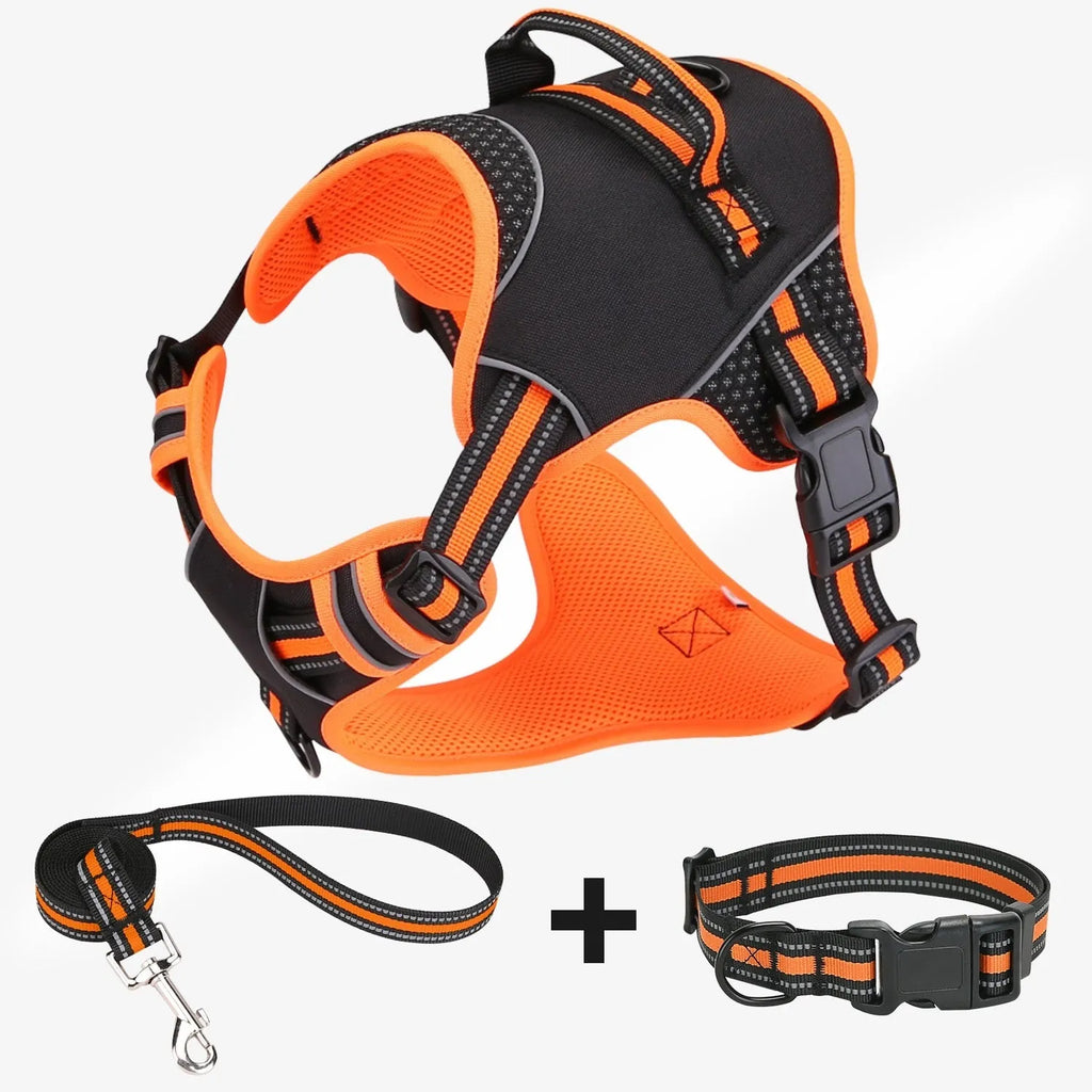 Orange and yellow polyester dog harness with anti-breaking traction strap in S, M, L sizes