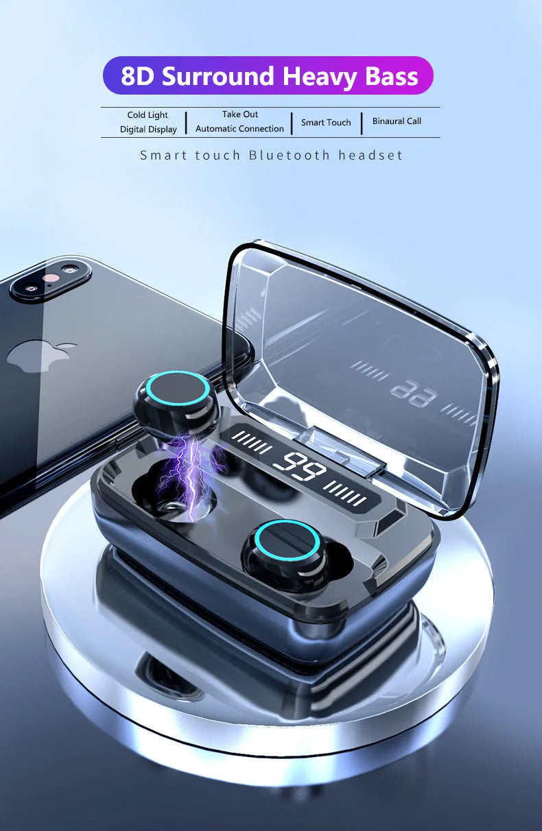 Black M11 Bluetooth wireless headset with charging case and built-in mobile phone holder