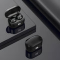 Black stereo Bluetooth wireless earbuds with a charging case.