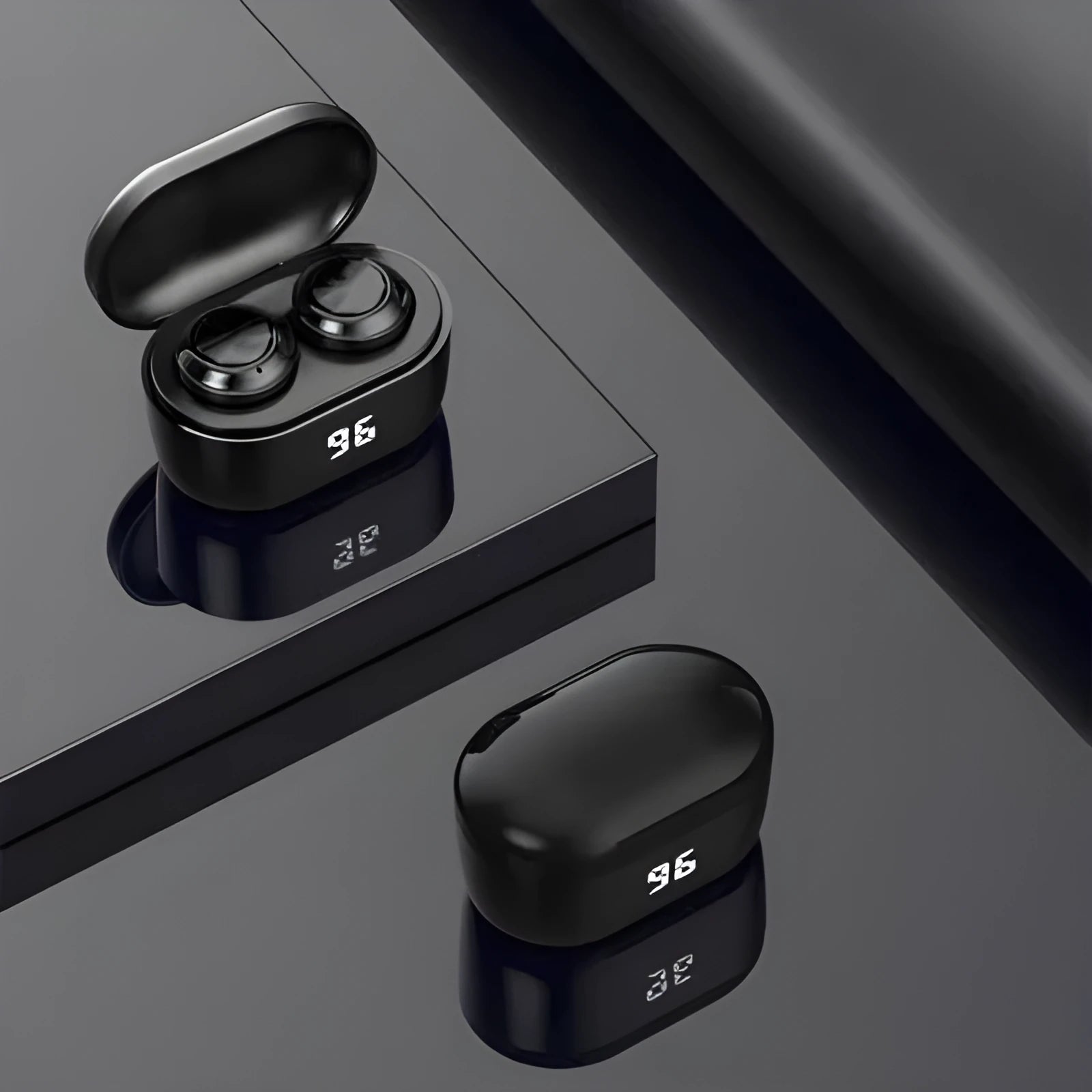 Black stereo Bluetooth wireless earbuds with a charging case.