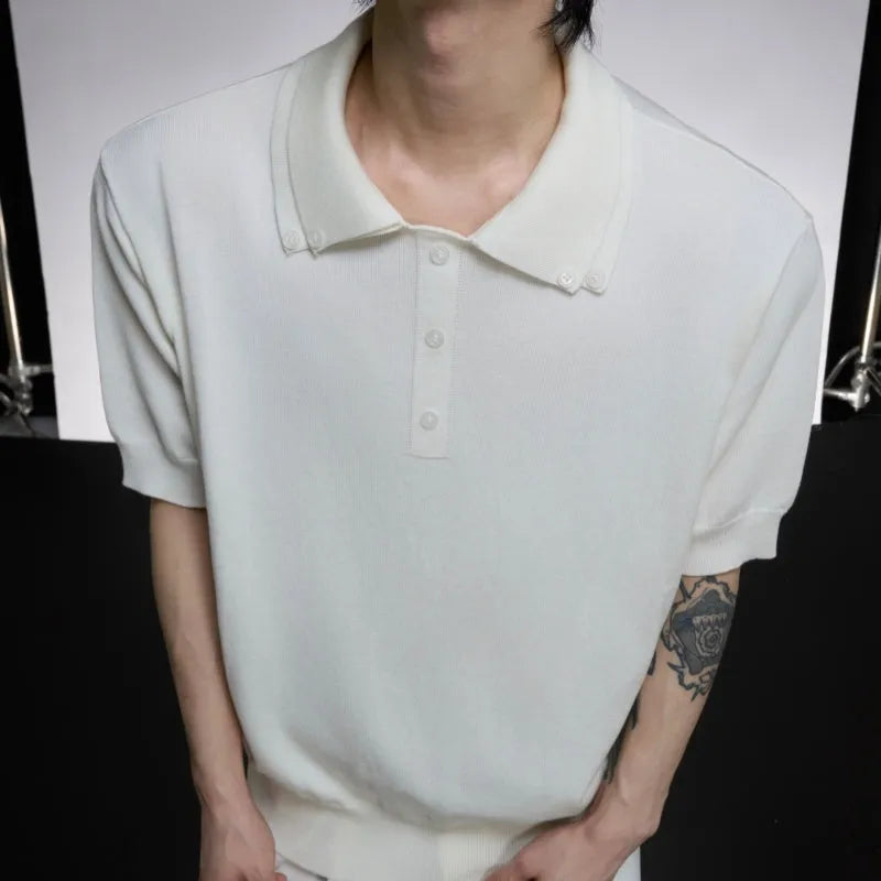 Men's double collar short sleeve polyester shirt in loose fit showing lapel detail