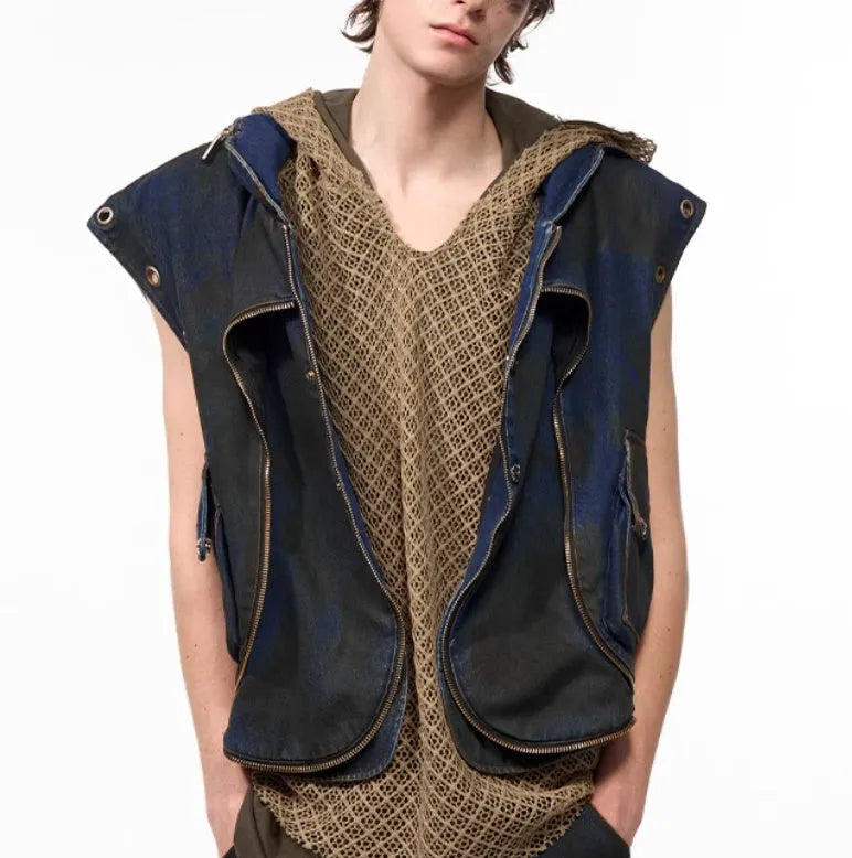 Blue Korean style hooded denim vest with matching trousers, zip-front closure, regular length cut
