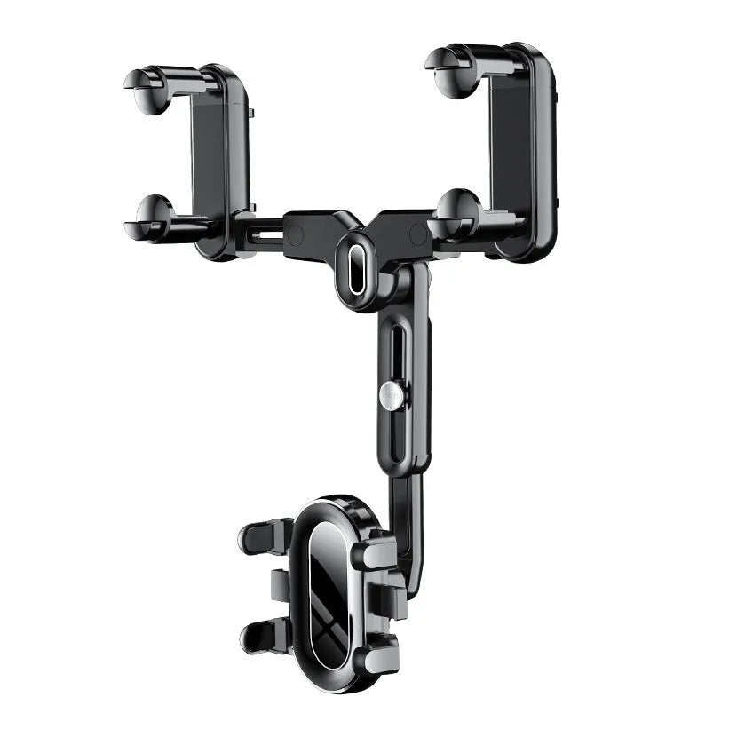 Car rear view mirror mobile phone holder bracket with retractable arm and snap-on clamp installation