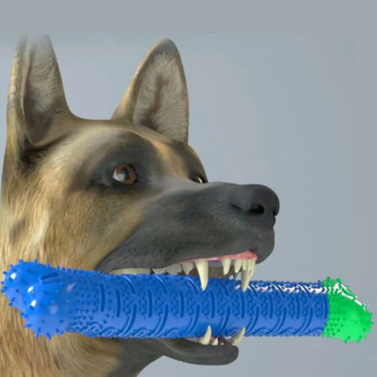 Blue green silicone dog toothbrush chew toy with brush head design measuring 25cm length
