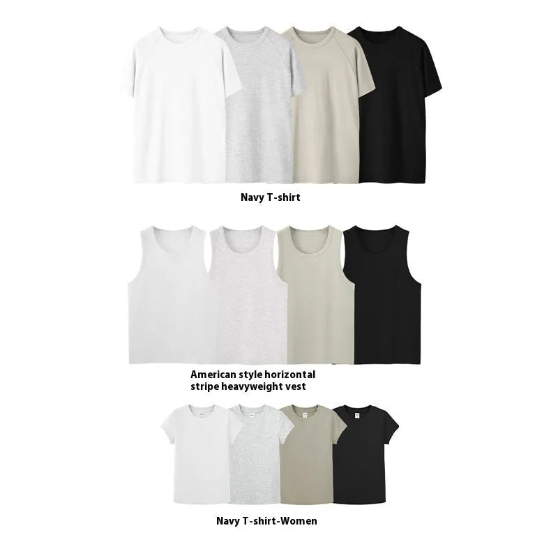Navy slim fit stretch t-shirt vest on a model, showing the cotton-rayon-spandex fabric blend.