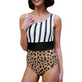 Women's leopard print high waist swimsuit with asymmetric collar design