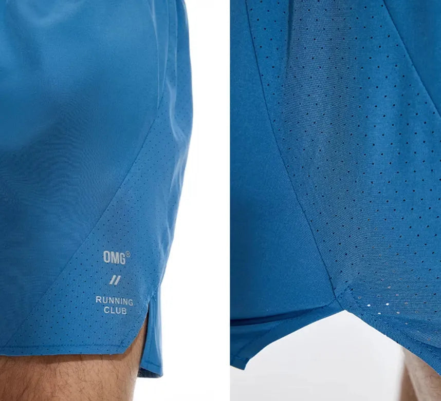 Black and blue four-point stretch running shorts with laser-punched seams on a mannequin.