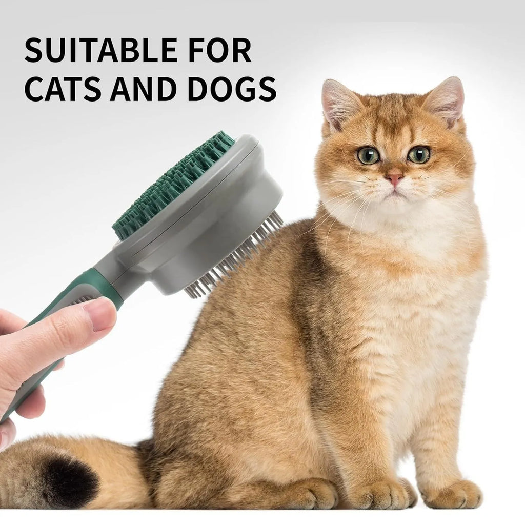 Green two-sided cat grooming brush with retractable slicker and silicone massager head