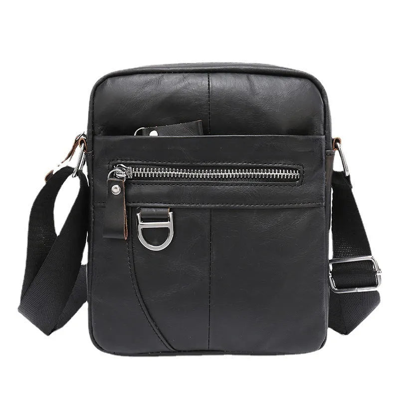 8 inch black shoulder messenger bag made from genuine cowhide leather with visible sewing lines