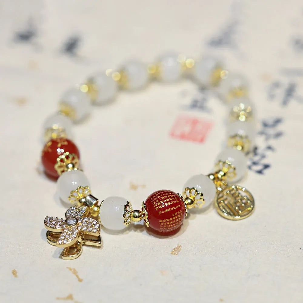 Chinese style glass bracelet with safety lock, windmill and bamboo charms for women