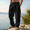 Men's solid colour cotton wide-leg casual pants with a loose fit and mid-rise waist.