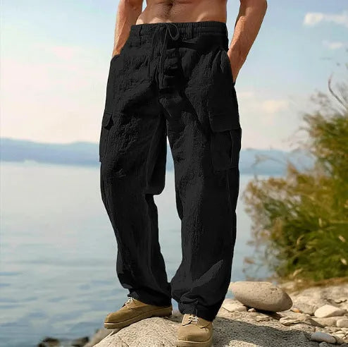 Men's solid colour cotton wide-leg casual pants with a loose fit and mid-rise waist.