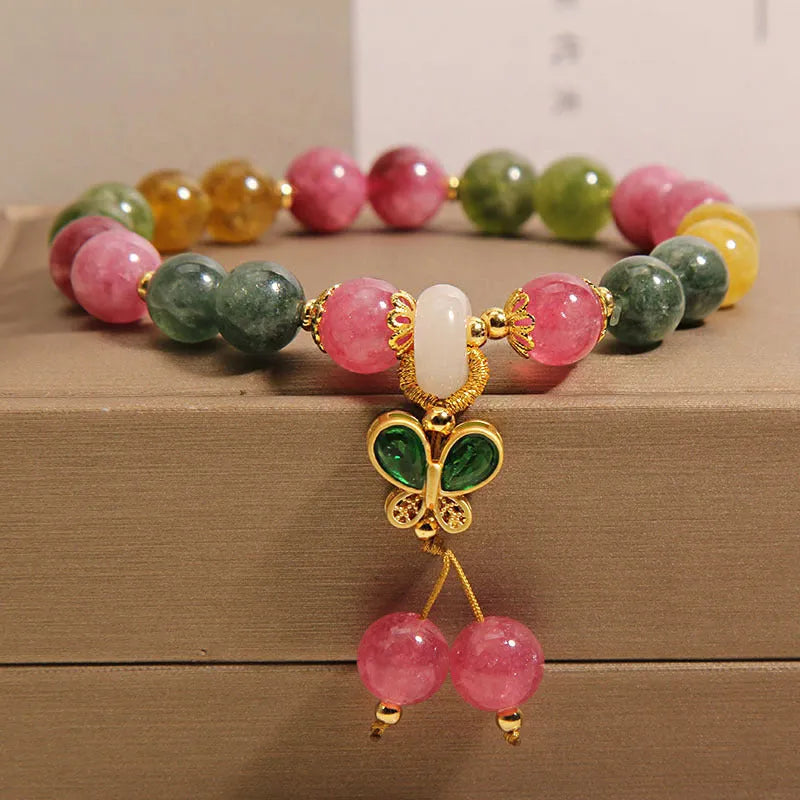 Colourful tourmaline butterfly pendant bracelet with alloy setting and rhinestone accents