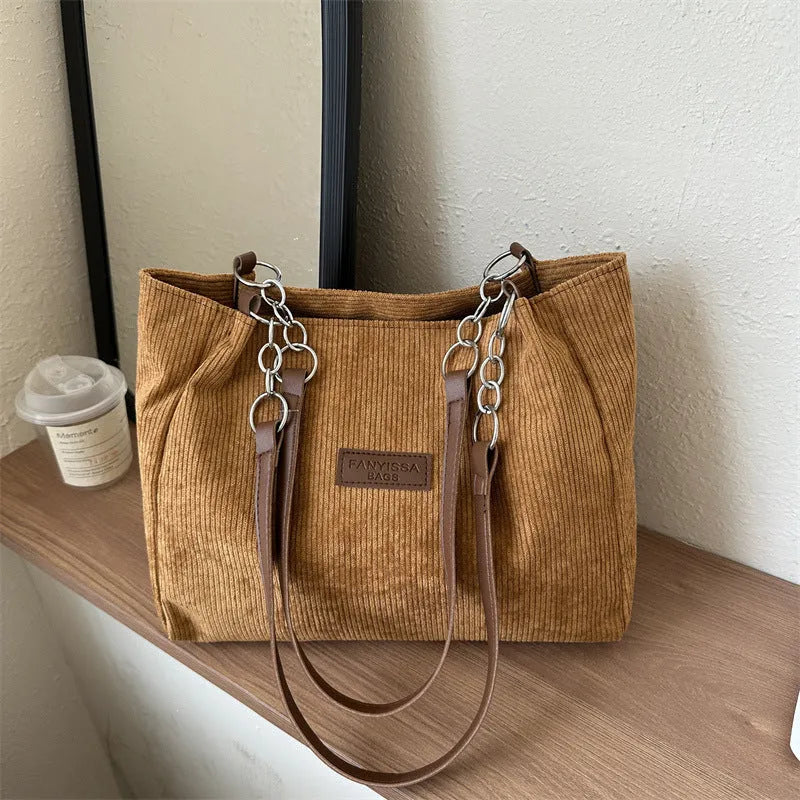 Corduroy women's tote bag with one shoulder strap and three-dimensional pocket