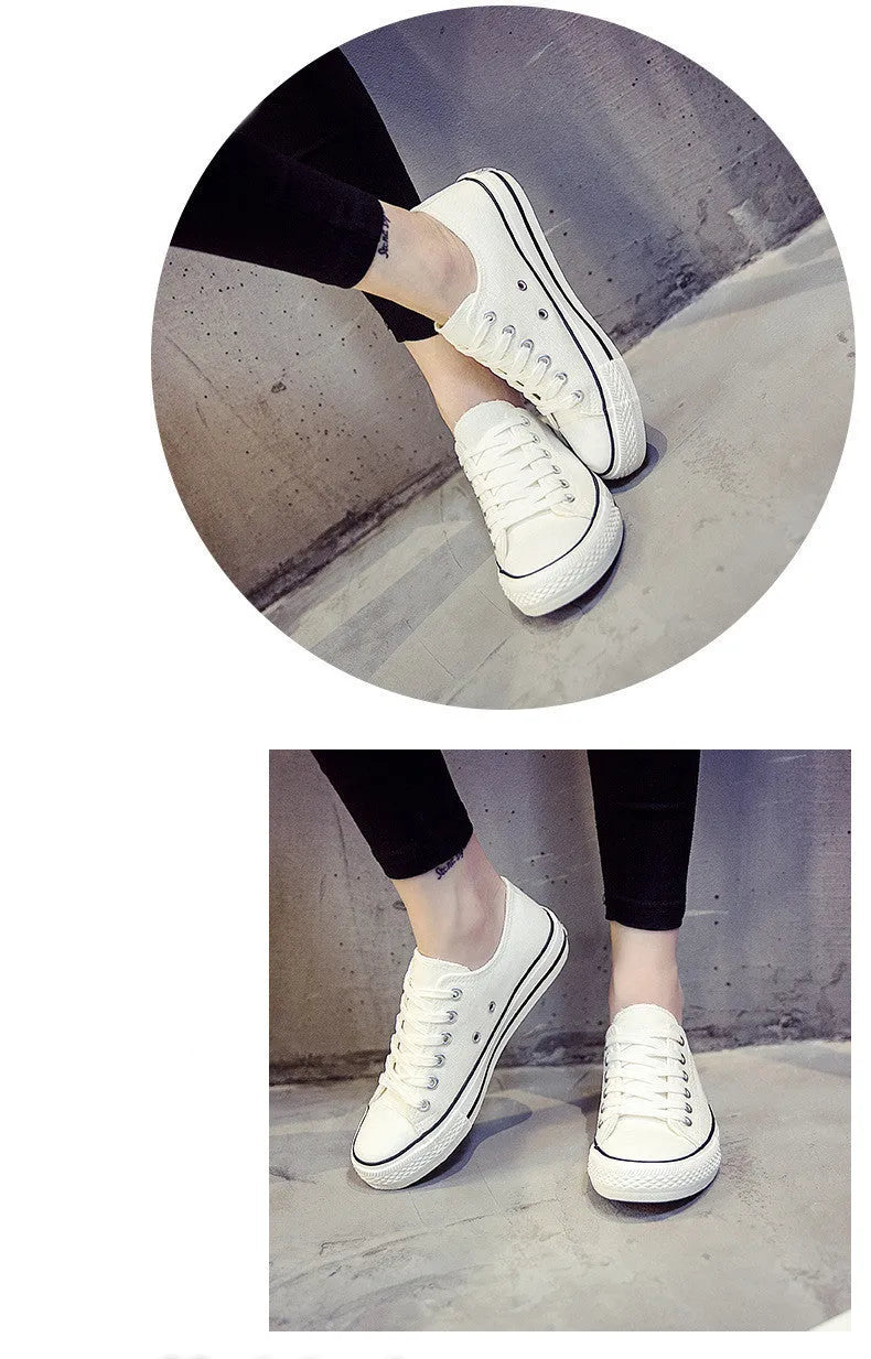 Women's casual canvas shoes in solid colours: all-black, black, white-black, and white-red.