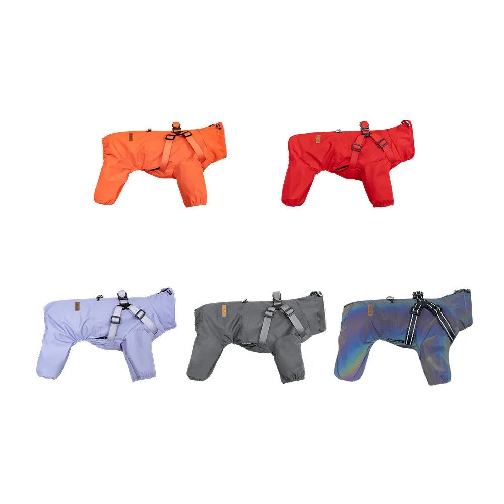 Fashion dog one-piece raincoat in waterproof polyester, available in multiple colours and sizes S to 3XL