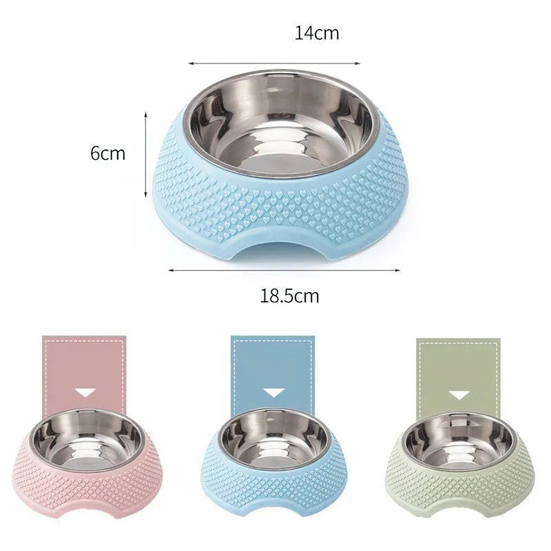 Set of four stainless steel pet bowls in blue, green, and pink colours on a non-slip base