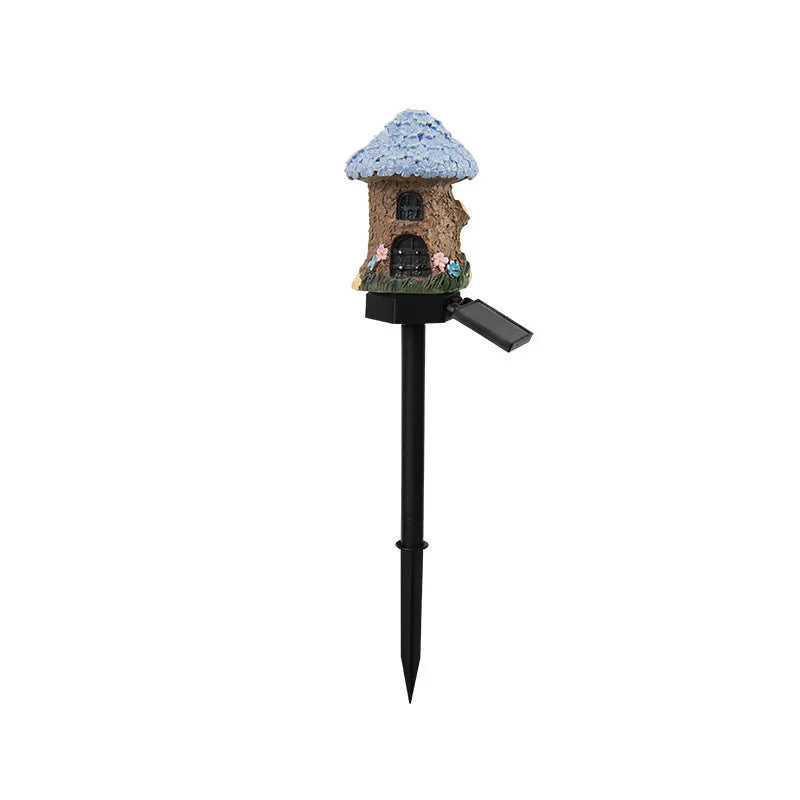 Solar-powered resin house outdoor LED garden light with flower shape design