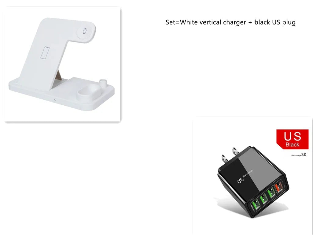Black 4-in-1 wireless charger with magnetic phone stand charging an iPhone, Apple Watch, and AirPods.