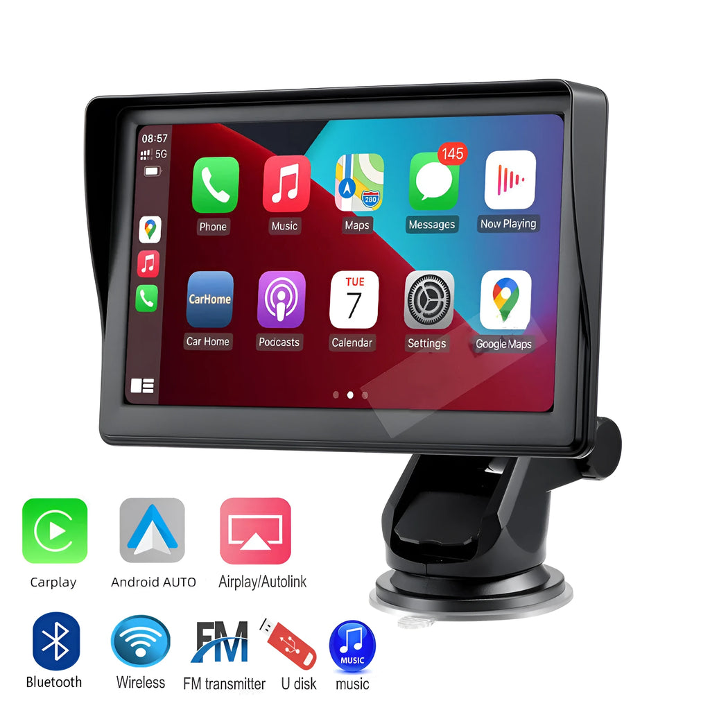 7 inch portable car smart display with retractable bracket showing CarPlay interface on IPS screen