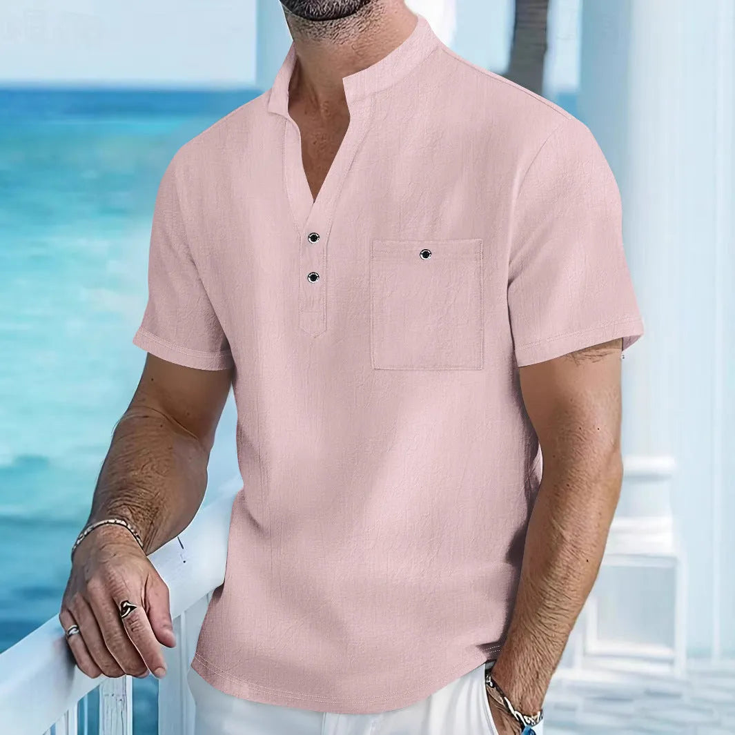 Men's loose-fit stand collar linen T-shirt in a solid colour on a hanger.