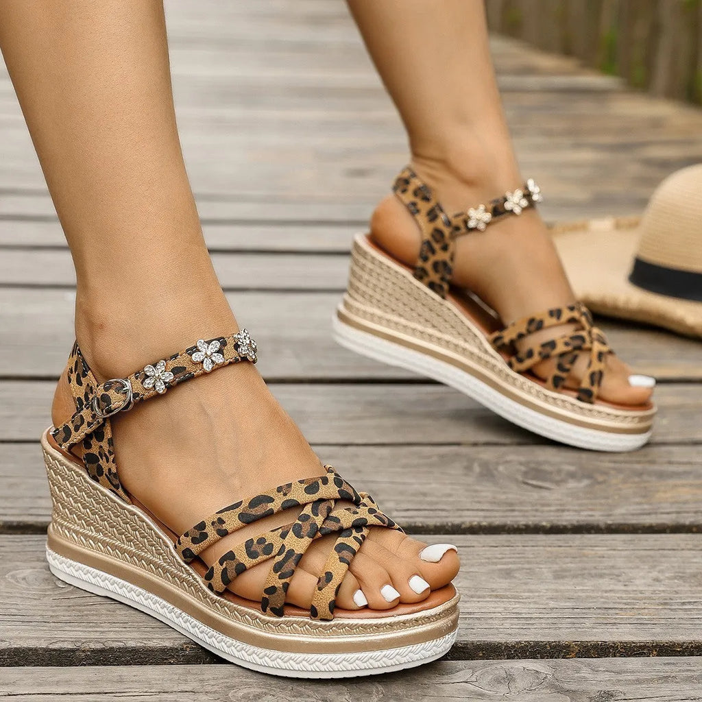 Light brown suede women's platform sandals with ankle buckle and open toe.