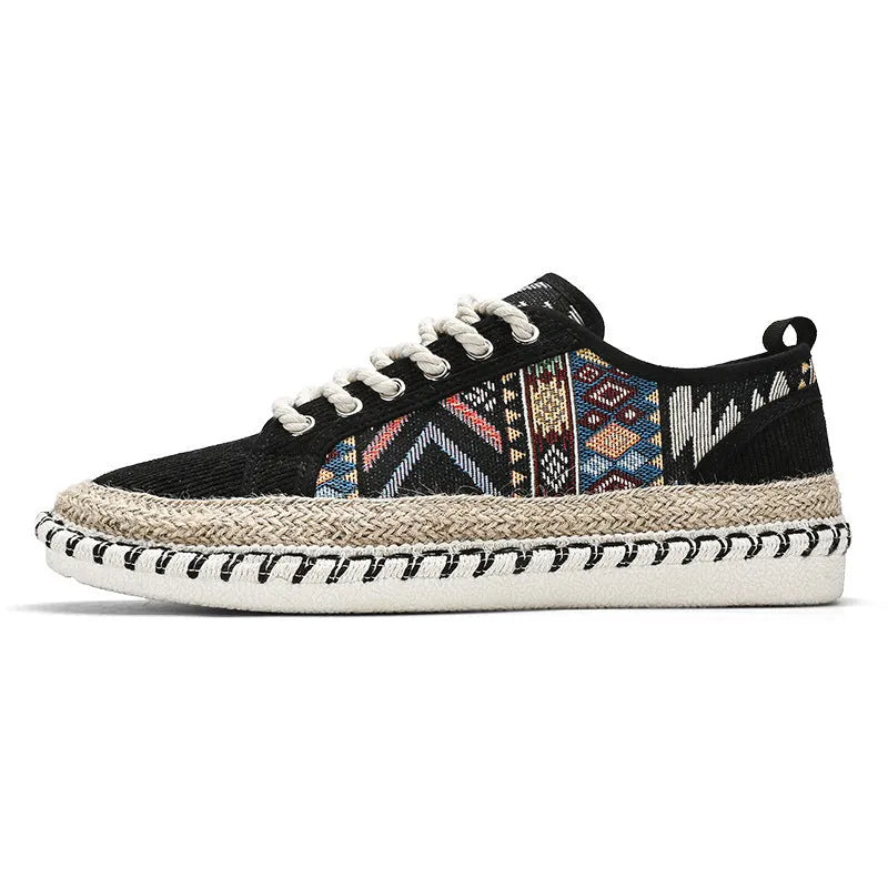 Men's summer casual shoes in beige and black with cloth uppers and slip-on design