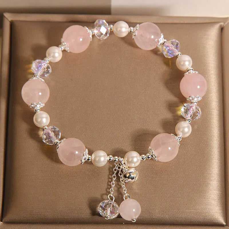 Natural pink crystal bracelet for women with pearl and bell accent, Japanese Korean style