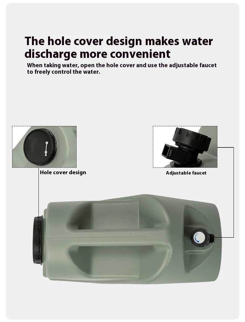 Green collapsible camping water storage tank shown in 13-litre snail and 18-litre backpack styles