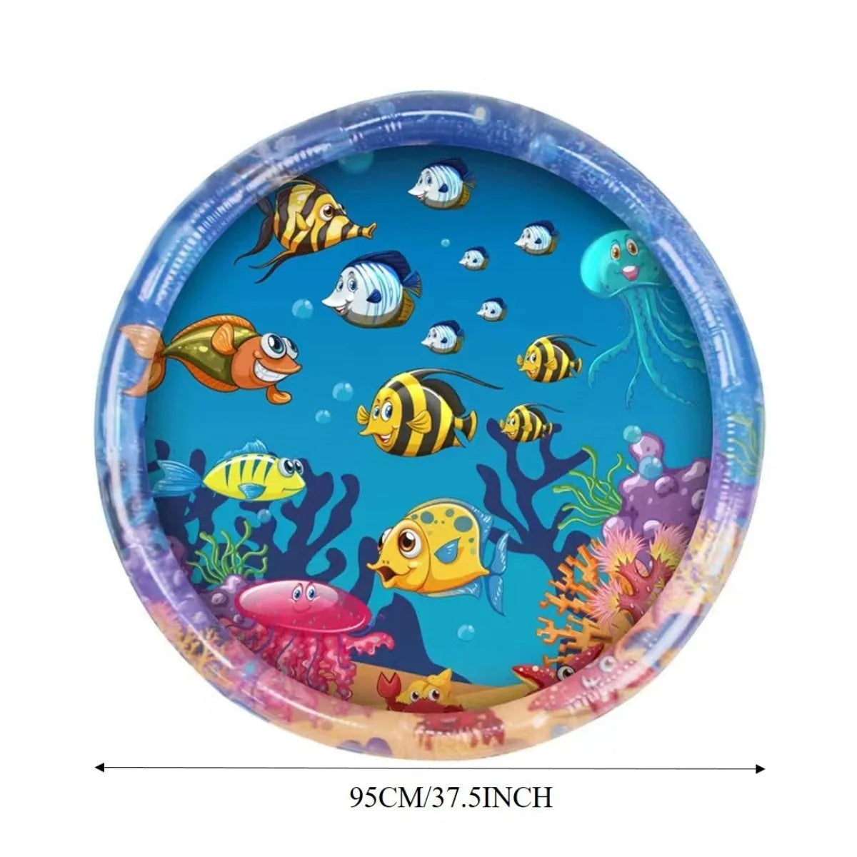 A square blue water sensory playmat for cats on a floor, showing floating fish toys inside the transparent PVC cushion.