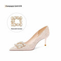 Champagne gold women's stiletto pumps with pointed toe and rhinestone decoration