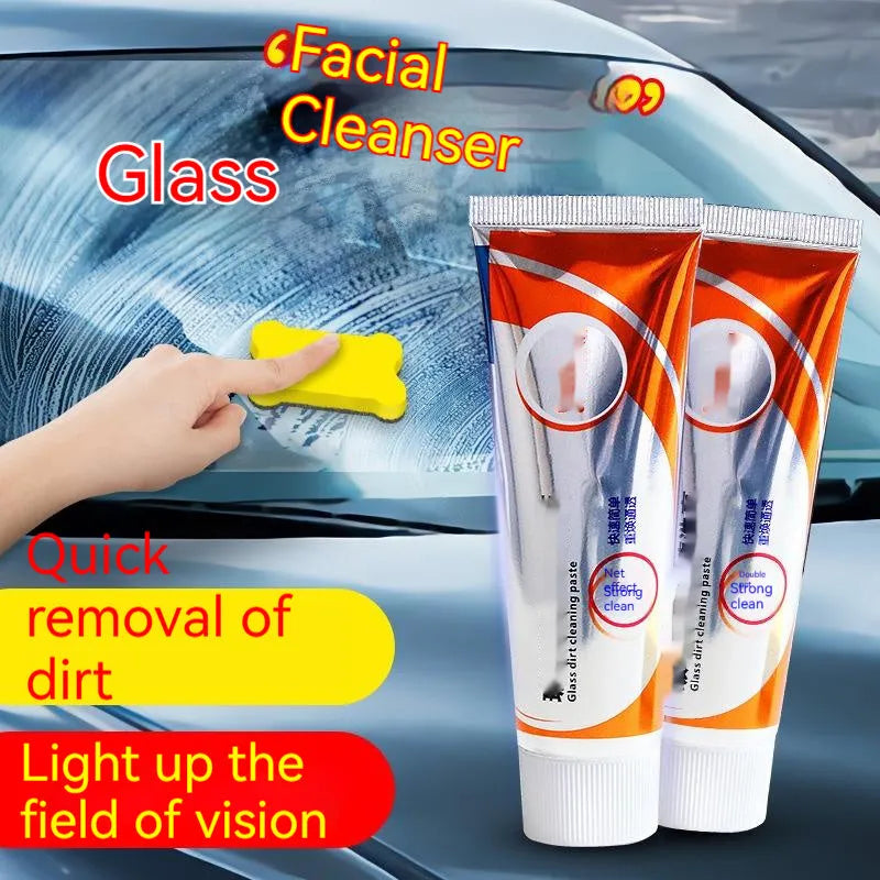 Car windshield cleaning agent tube with white paste for removing oil stains from automotive glass