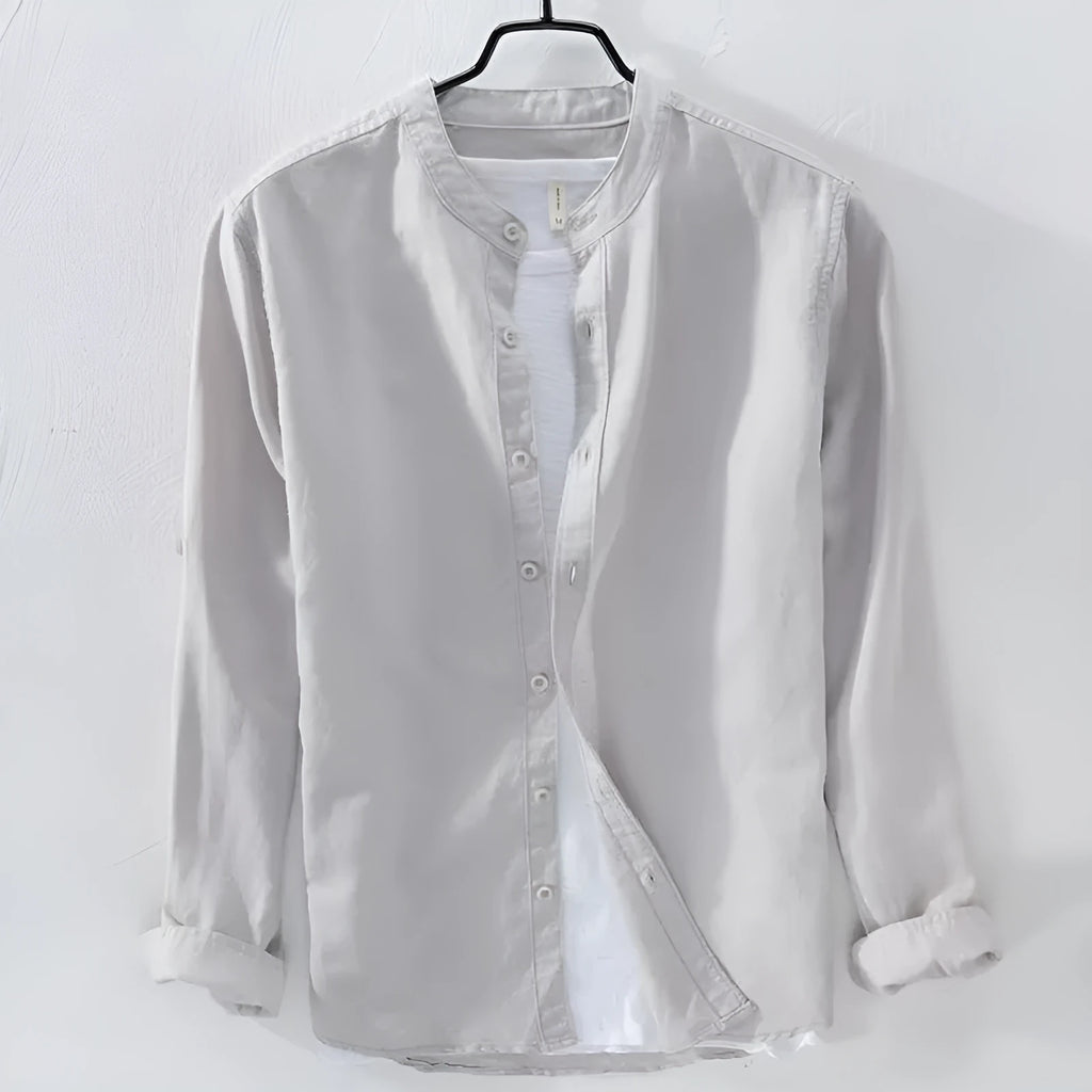Men's loose fit long sleeve casual shirt in a cotton linen fabric, shown in a solid colour.